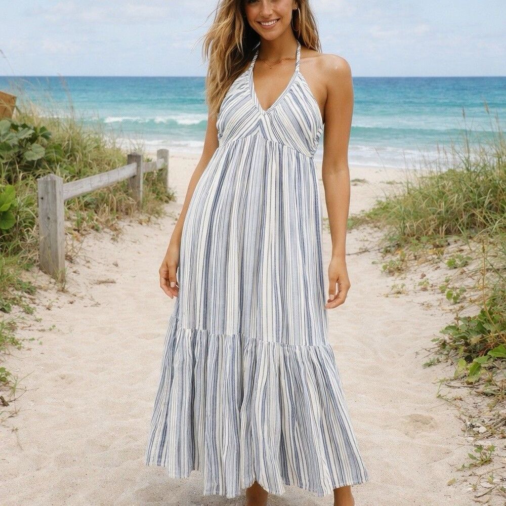 Free People Dress Womans XS Blue/White Stripe Audrey Halter Maxi Coastal NWT